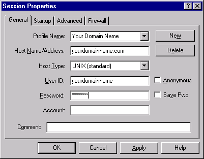 WS_FTP - Session Properties dialog box